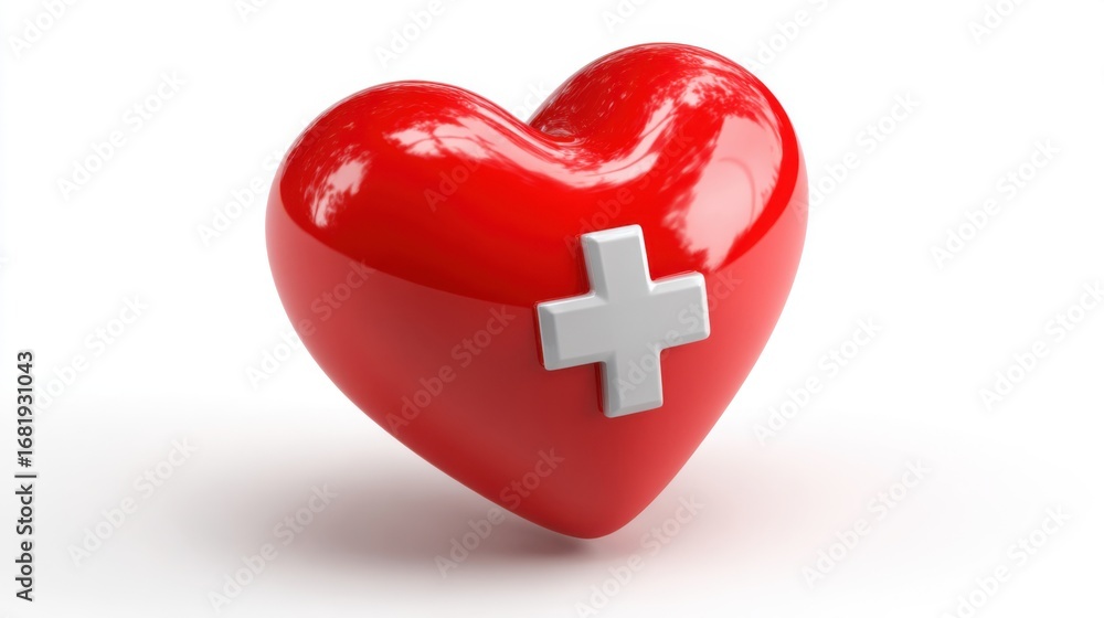 Obraz premium A bright red heart features a white medical cross symbol on its surface, signifying health care, first aid, and medical assistance. This striking design emphasizes care and compassion