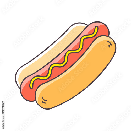 Cartoon style illustration of a delicious hot dog with mustard drizzle