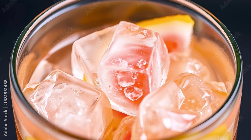 Fototapeta premium pink ice cubes inside glass cup close-up