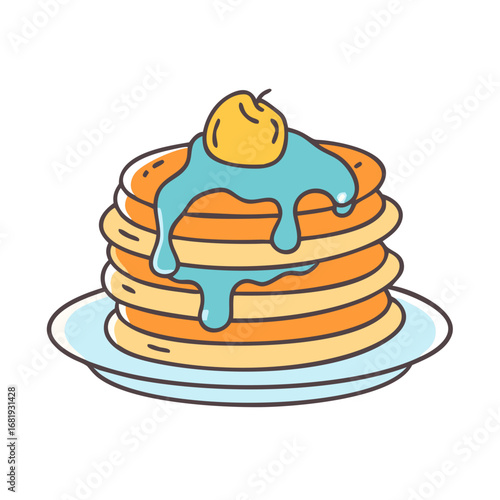Illustration of various pancake stacks with different toppings on plates
