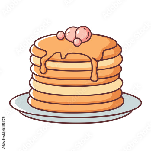 Illustration of a stack of pancakes with syrup and berries on a plate