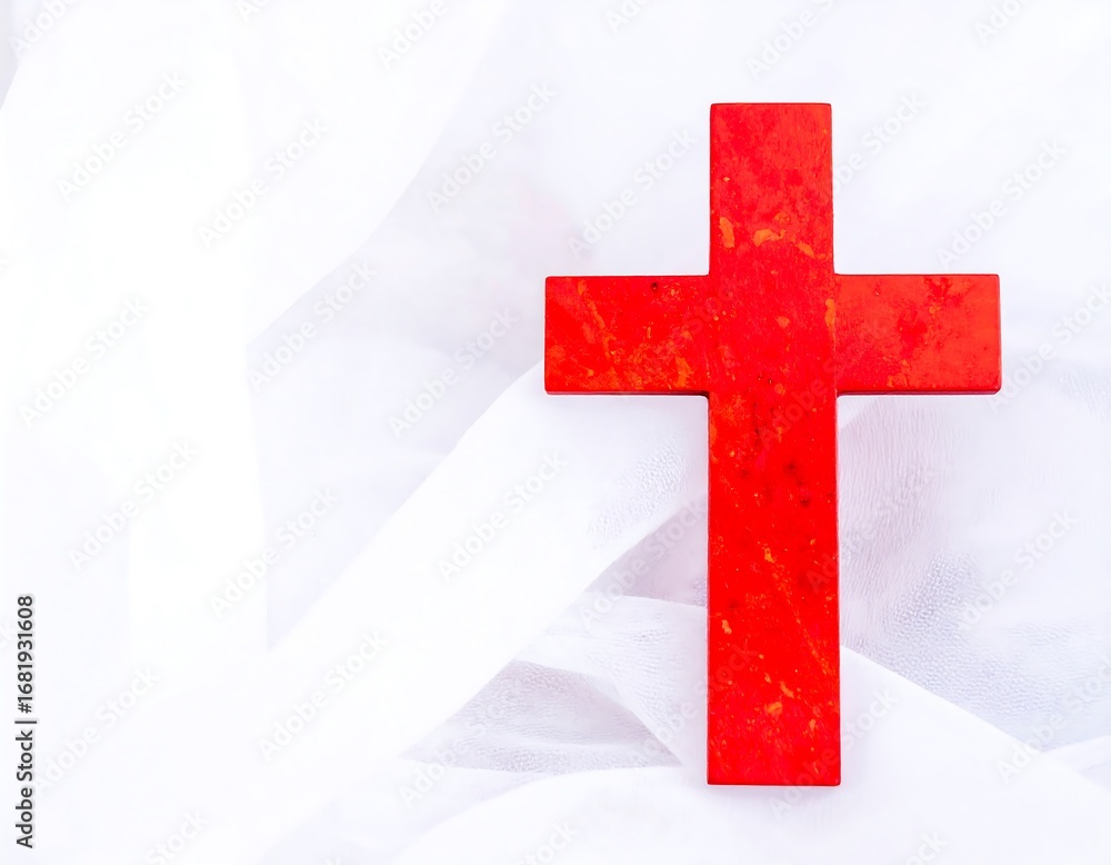 Obraz premium Red wooden cross on white fabric