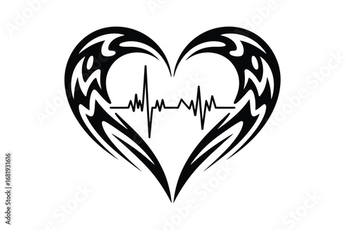 Stylized Heartbeat Design with Tribal Accents – Vector Illustration Symbolizing Vitality and Life Energy in Bold Tribal Style