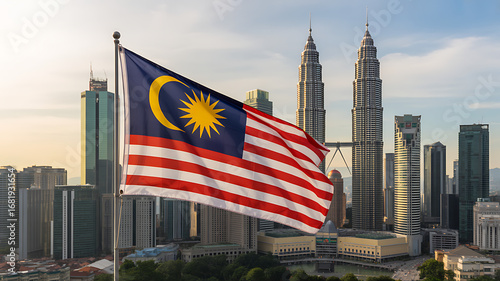 Malaysia Flag with Skyline View: The Malaysian flag gracefully flies against the backdrop of a modern skyline, showcasing the nation's pride and architectural grandeur.