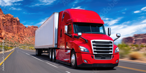Red american truck delivering goods across scenic desert highway