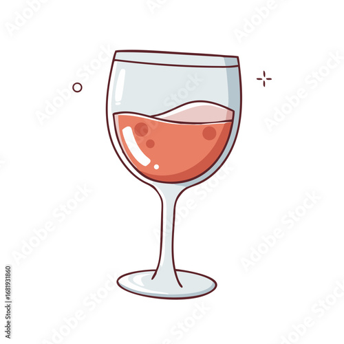 Elegant glass of rosé wine with bubbles, in a whimsical cartoon style