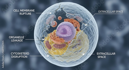 Scientific visualization of cellular lysis, a detailed 3D illustration of a dying cell showing organelle damage and membrane rupture
