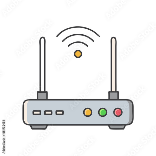 Cartoon Router with Antennas Broadcasting WiFi Signal and LED Lights
