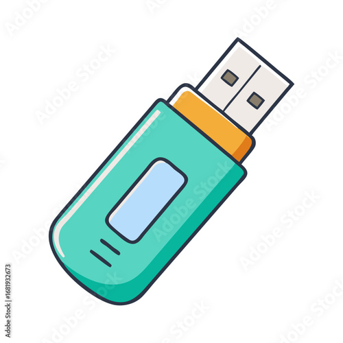 A whimsical cartoon depiction of a modern teal colored USB drive