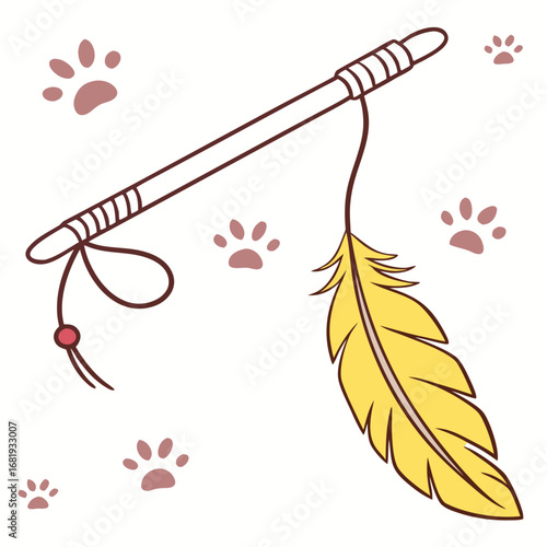 Cat toy feather wand with yellow feather and paw print background  