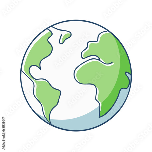 Earth globe illustration with blue outlines and green landmasses on a white background