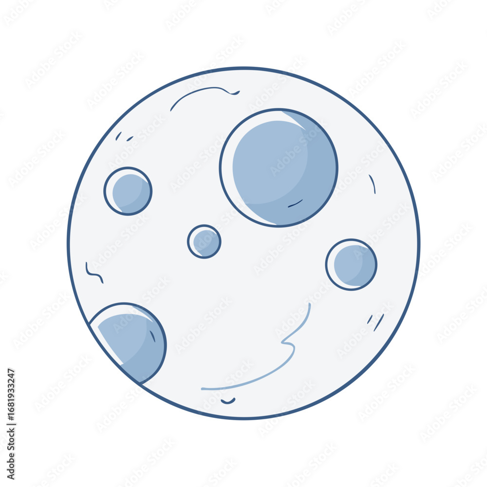 Fototapeta premium Cartoon moon with craters, in blue and white, vector image