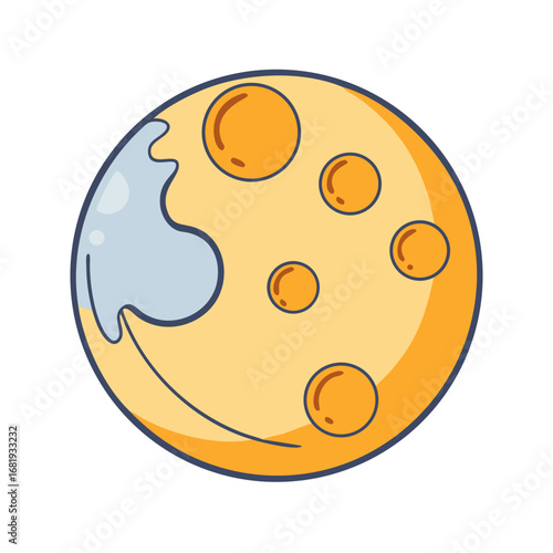 Cartoon planet covered in craters and a splash of liquid with funny design