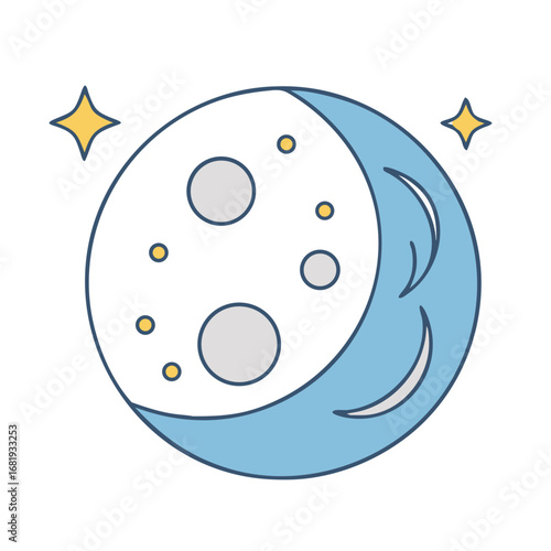 Stylized vector of a crescent moon with craters and two yellow stars