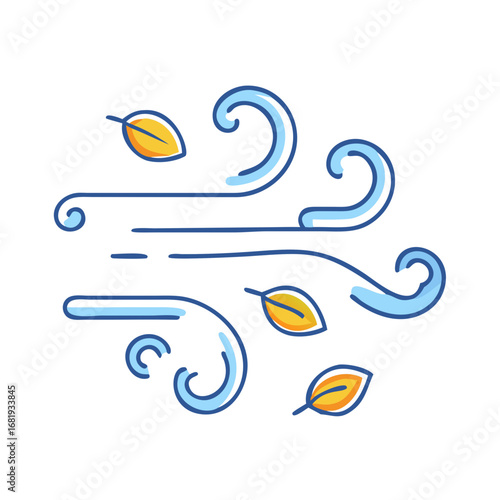 Stylized depiction of wind and falling leaves symbolizing autumn season