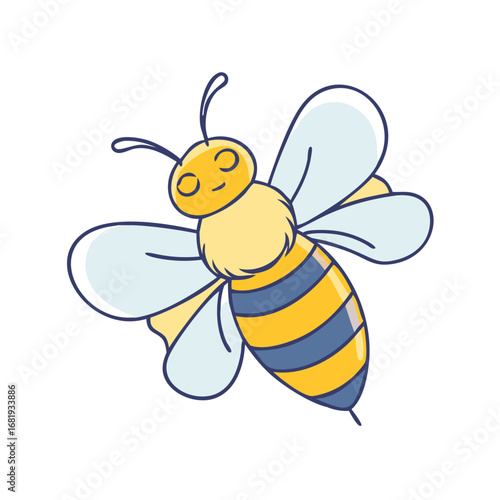 Cute cartoon bee with gentle smile and stripes on white background