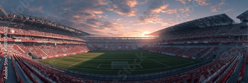 Breathtaking sunset over an empty soccer stadium filled with anticipation before the evening match commences