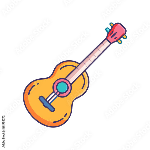 Cartoon style illustration of a colorful ukulele or small guitar on white
