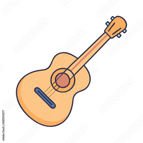 Stylized acoustic guitar illustration with strings, neck, and tuning pegs design