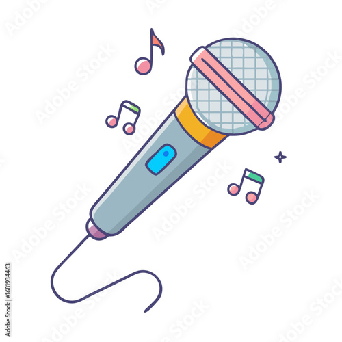 Five colorful cartoon microphones with music notes floating around them isolated