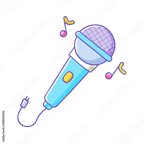 Adorable light blue microphone surrounded by musical notes on a white background