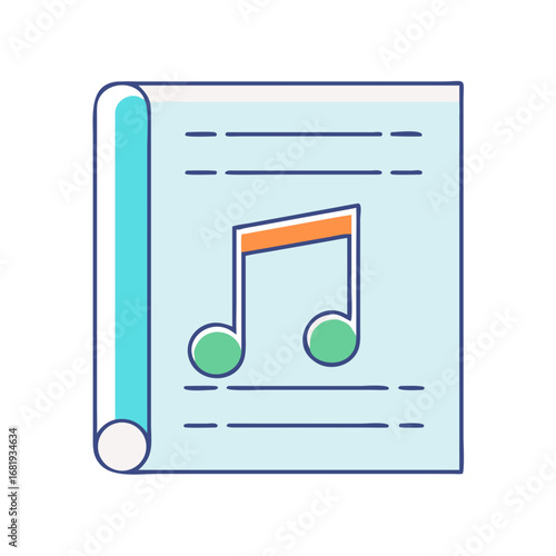 Cartoon music score on a scroll showing an eighth note in pastels