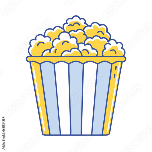 A delightful cartoon illustration of popcorn overflowing from a striped container