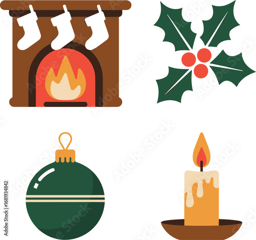 Winter Holiday Icons Set Featuring Fireplace, Holly, Ornament, and Candle