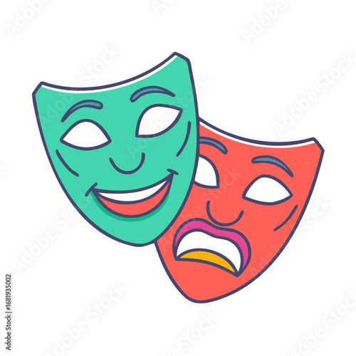 Symbolic representation of comedy and tragedy masks in different colors and styles