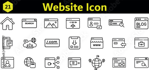Collection of website and internet related icons, including home, blog, cloud, search, and user profile, isolated on transparent background
