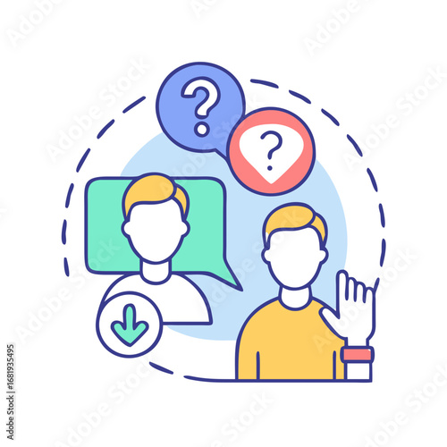 Communication and problemsolving illustration showing two people with question marks
