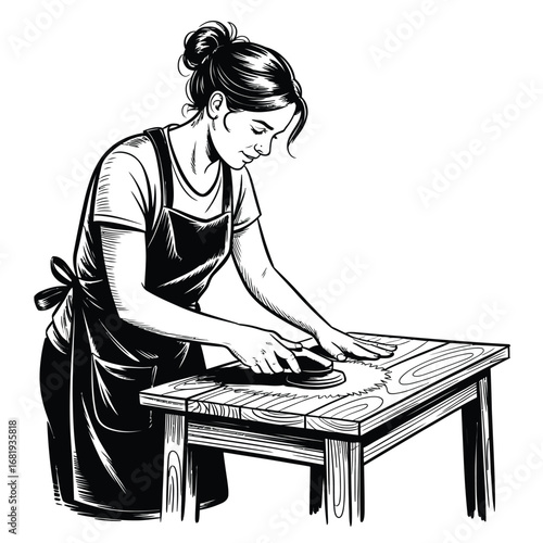Monochrome Illustration of Woman Refinishing Wooden Furniture Using Electric Sander – Home Improvement and DIY Vector Art