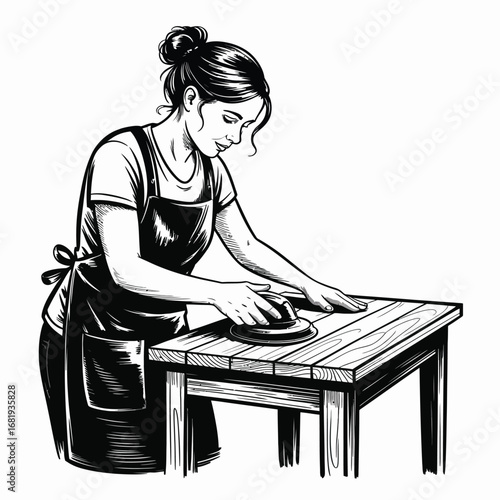 Monochrome Illustration of Woman Refinishing Wooden Furniture Using Electric Sander – Home Improvement and DIY Vector Art