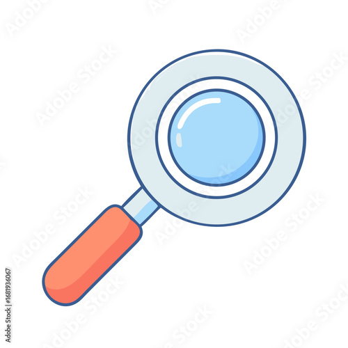 Isolated cartoon illustration of a magnifying glass with a blue lens and coral handle