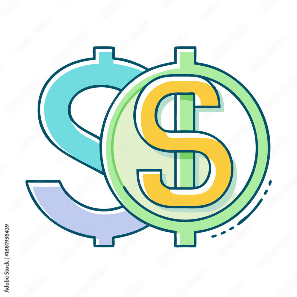 Fototapeta premium Two colorful dollar signs, overlapping to suggest financial abundance and growth