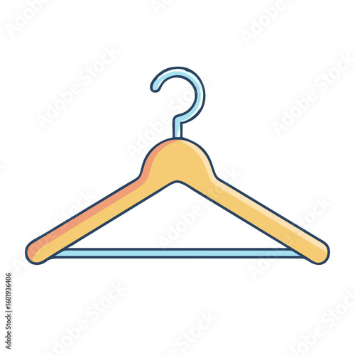 Stylized wooden clothes hanger with a blue metal hook and bar