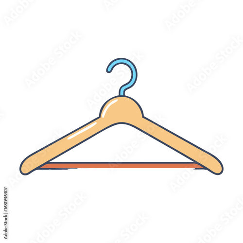 Illustration of a clothes hanger with a light peach body and blue hook
