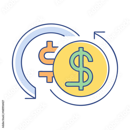 Colorful dollar icons showcasing financial stability, growth and success through diverse designs