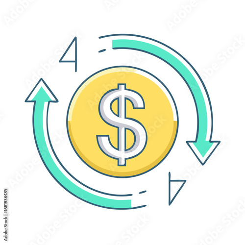 Circular arrow flow around dollar coin indicates growth and return on investment