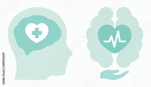 Mental health, medicine, heart, brain, human, health, mind, intelligence, emotions, doctor, care. Well-being, therapy, treatment, healing, clinic. Shape, set, icon, vector