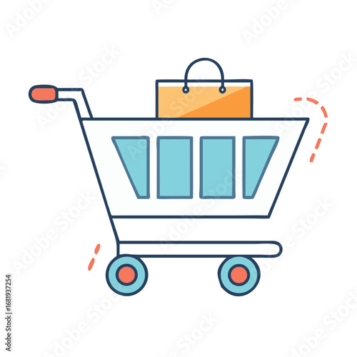 Blue shopping cart with one orange shopping bag on a white background