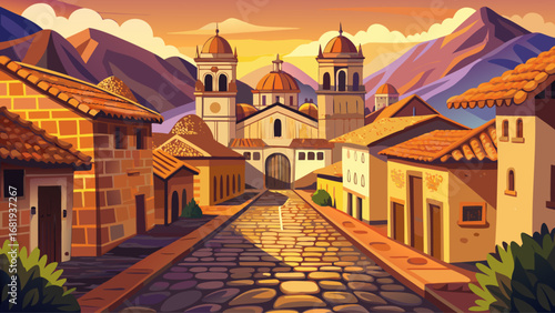 Cusco, Peru, reveals cobblestone streets, Inca walls, and Spanish baroque churches framed by mountains. Soft evening light adds depth; semi-realistic flat vector emphasizing layered history, cultural 