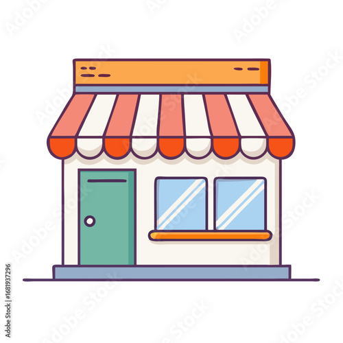 Colorful and Cartoonish Shop Front with Striped Awning and Two Windows