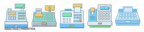 Collection of colorful cartoon style cash registers, suitable for digital payments