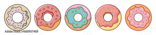 Five delicious looking doughnuts with different frosting and sprinkles toppings