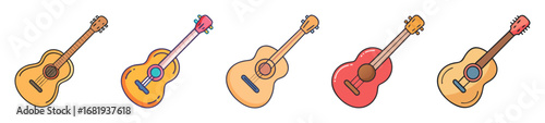 Collection of Cartoon Acoustic Guitars in Various Colors on White Background