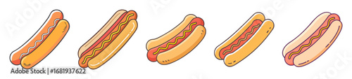 Assortment of cartoon hot dogs with various colors and mustard dressings