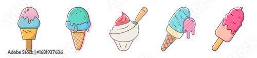 Colorful cartoon ice cream and popsicles, various sweet desserts collection illustration