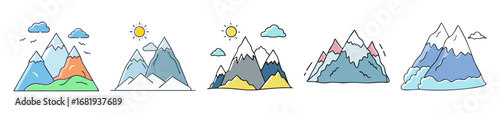 Collection of Five Cartoon Mountain Landscapes in Blue and Yellow Tones