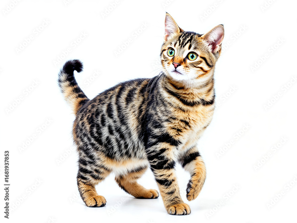 Tabby cat standing on two legs looking curious on a white background Tabby cat standing on two legs looking curious on a white background